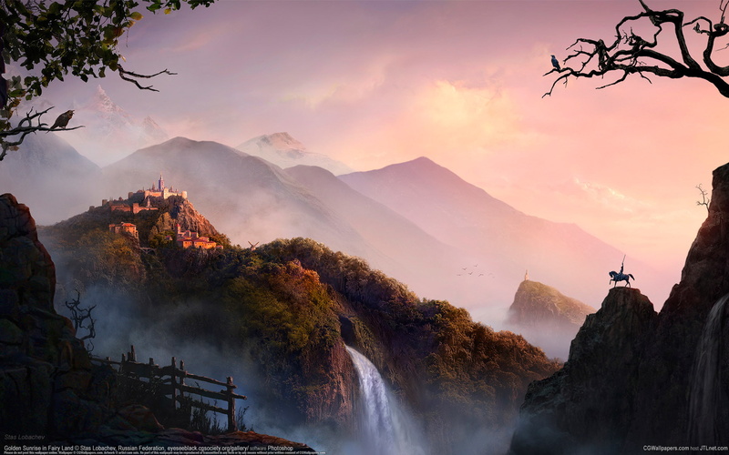 rider, castle, waterfall, 1080P, Golden Sunrise in Fairy Land, sunrise, hero, road, stas lobachev, mountains, the fence