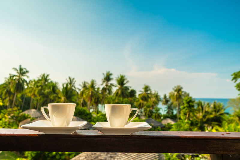 balcony, beach, cofee, sea, shore, paradise, good morning, summer, vacation, morning, Cup, coffee, 5K, palm trees, palms, stay, tropical