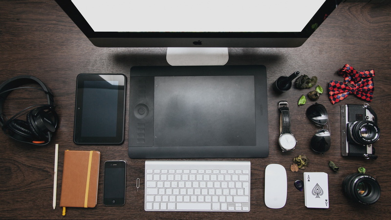 Wacom, desk, devices, iMac, Apple keyboard, Apple mouse, assorted, cordless, 5K, borwn