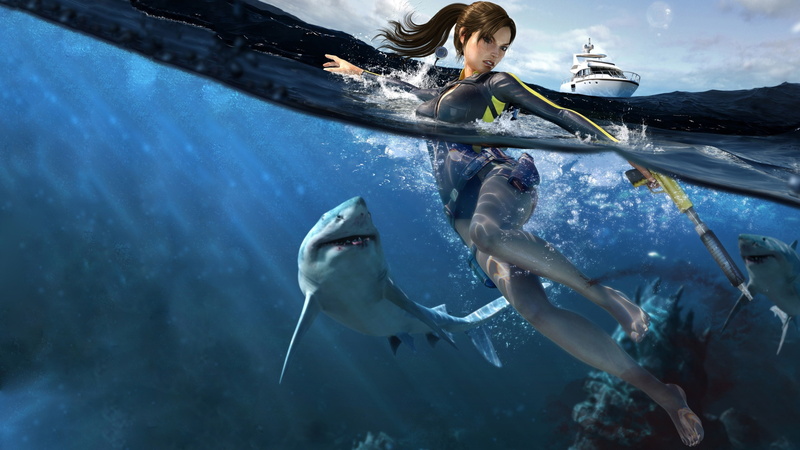 hunting, game, action, 4K, yaht, underwater, Lara Croft, women, Tomb Raider, Illustration, shark, applicaton