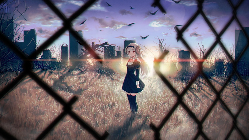 1080P, barrier, sky, chainlink fence, safety, digital composite, boundary, cloud - sky, anime girls, focus on background, full length, nature, fence, one person