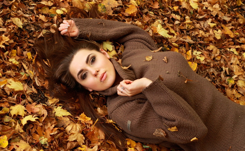 adult, outdoors, Girl, women, leaf, Fall, Autumn, portrait, Leaves, clothing, s, directly above, 2K, lying down, corduroy, young women, change, day, shirt