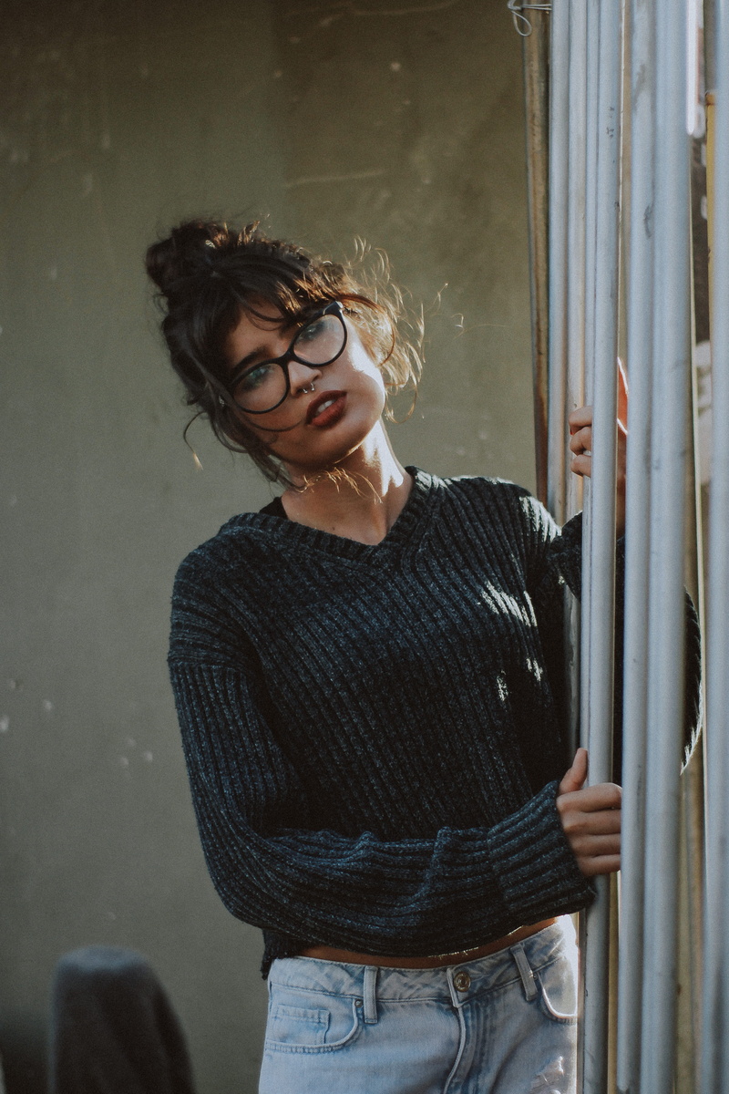 women, real people, sweater, standing, contemplation, 4K, eyeglasses, casual clothing, woman, waist up, girl, wear, beautiful, grey, front view, corduroy