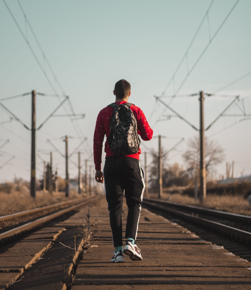 backpack, grand theft auto, running track, connection, railway, full length, the way forward, rear view, track, leisure activity, pants, day, transportation