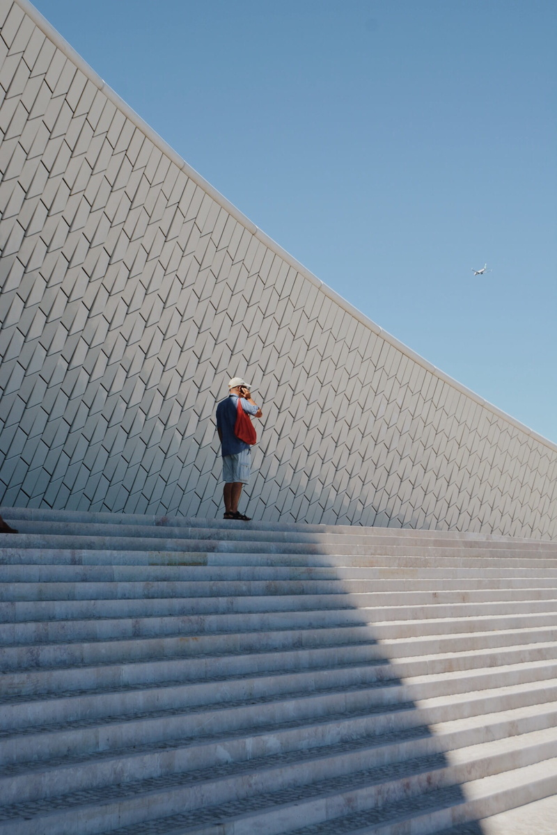 built structure, clear sky, flying, walking, staircase, minimalistic, men, stairs, steps, near, 1080P, man, phone, sunny, airplane, real people, architecture
