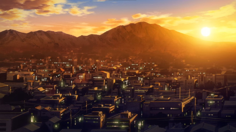 warm light, mountain top, anime, orange background, 1080P, warm colors, Ano Hi Mita Hana no Namae wo Bokutachi wa Mada Shiranai, city, sunset, warm
