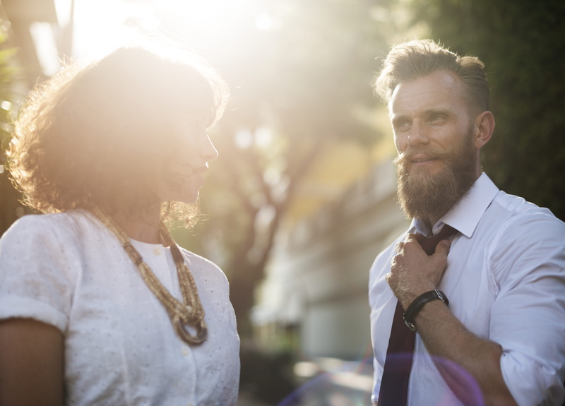 togetherness, corporate, facial expression, leisure activity, positive emotion, day, daylight, looking, beard, headshot, couple - relationship, white, focus on foreground
