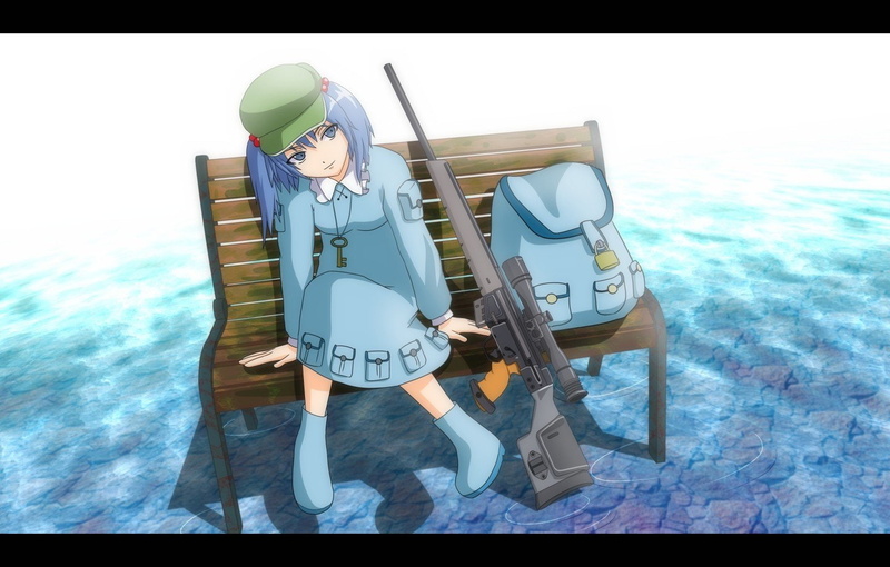 weapons, touhou, games, guns, nitori, sniper, hats, backpacks, psg 1, eyes, kawashiro, blue, video, 720P, hair