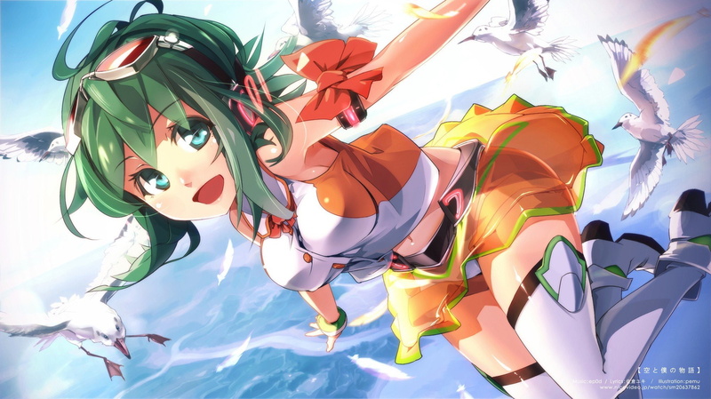 skies, goggles, short, boots, feathers, hair, vocaloid, gumi, megpoid, aqua, 1080P, girls, anime, green, eyes