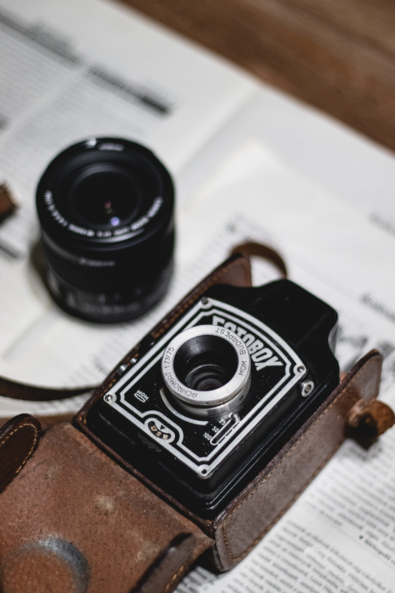 electronics, brown, strap, still life, wood - material, lens - optical instrument, camera, arts culture and entertainment, high angle view, antique, no people