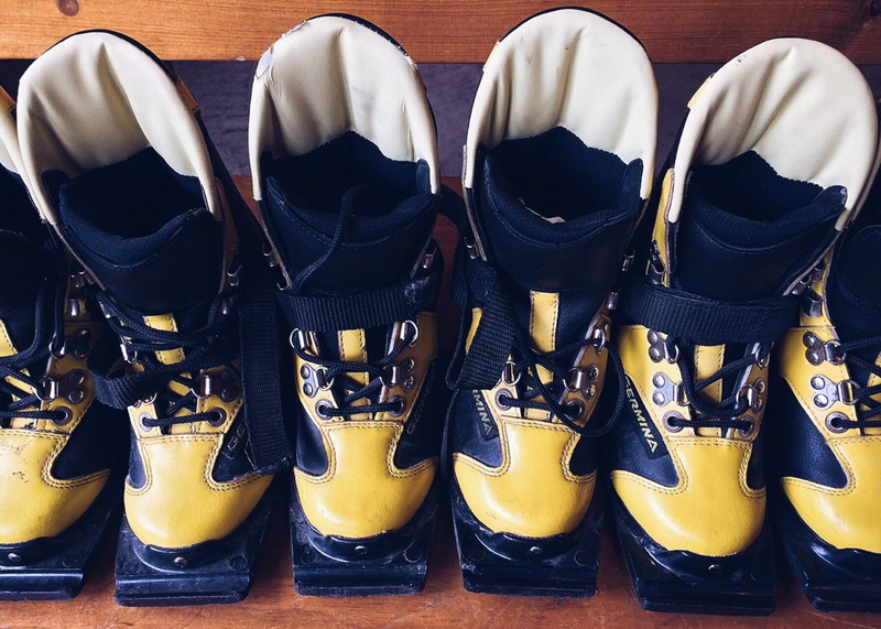 variation, side by side, indoors, order, worn, boots, ski, boot, wood, equipment, still life, 2K, high angle view, day, no people, clothing, old, leather