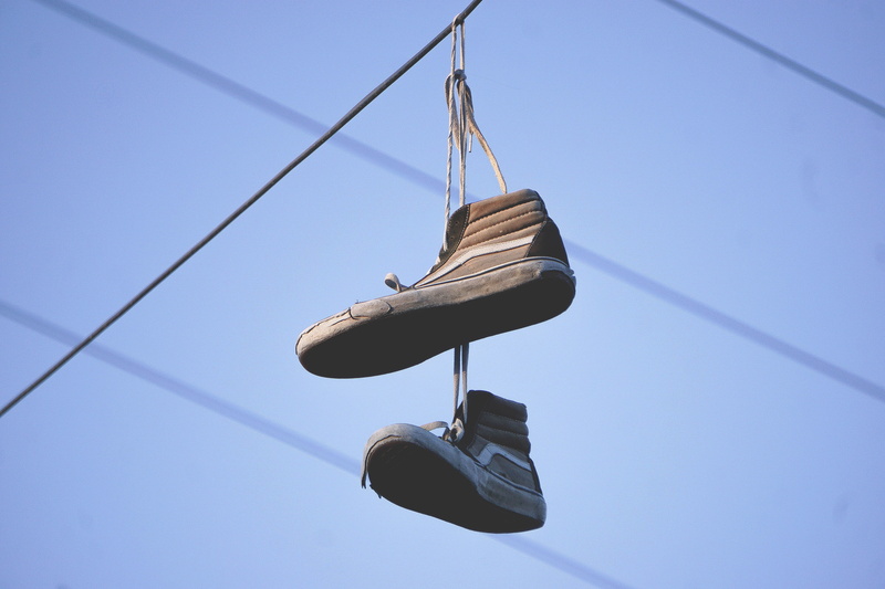 5K, sky, hanged, sneakers, power supply, sk, rope, hi, low angle view, transportation, gray, mast, electric, wire, no people, mode of transportation, cable