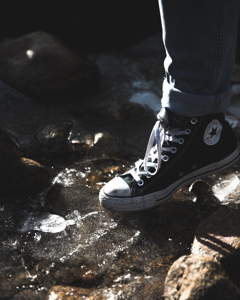 low section, foot, standing, day, water, winter, yosemite valley, human limb, rocks, jeans, rock, leisure activity, rock - object, human leg, canvas shoe