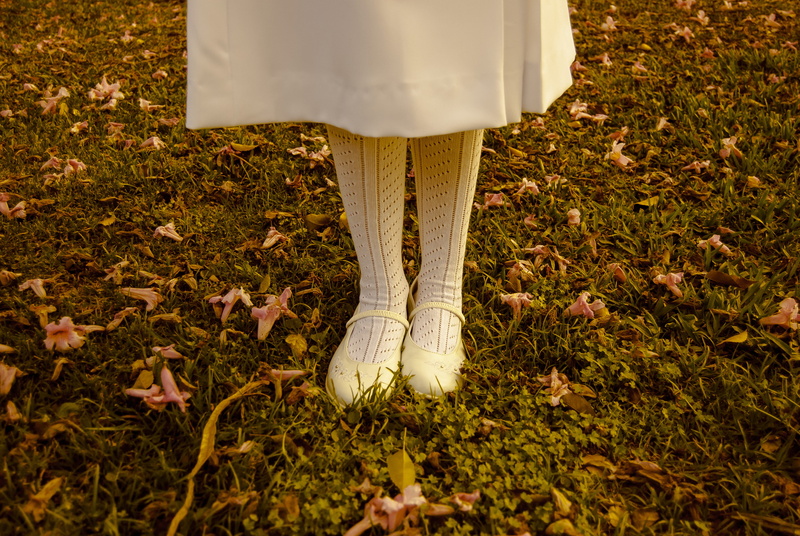 real people, women, wearing, shoe, flowers, human body part, nature, white, daytime, autumn, one person, land, feet, human foot, white dress, petal, skirt