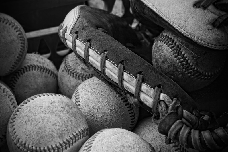 Baseball, selective focus, day, mitt, indoors, still life, full frame, baseball - sport, obsolete, abundance, in a row, close-up, no people, a black and white photo