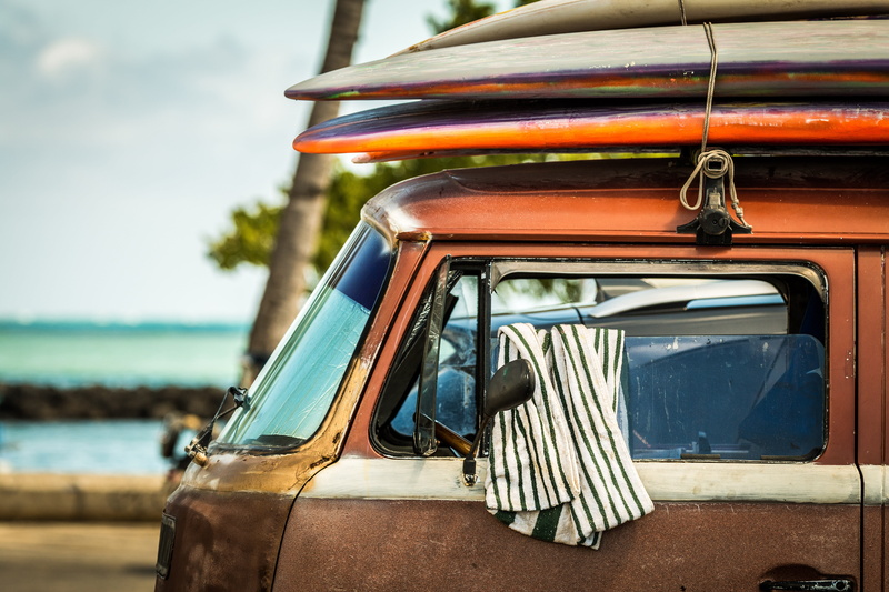 closeup, beach, car, retro styled, surfing, day, surfer van, hawaii, photo, 5K, vehicle, close-up, outdoors, shirt, brown, land vehicle, nautical vessel