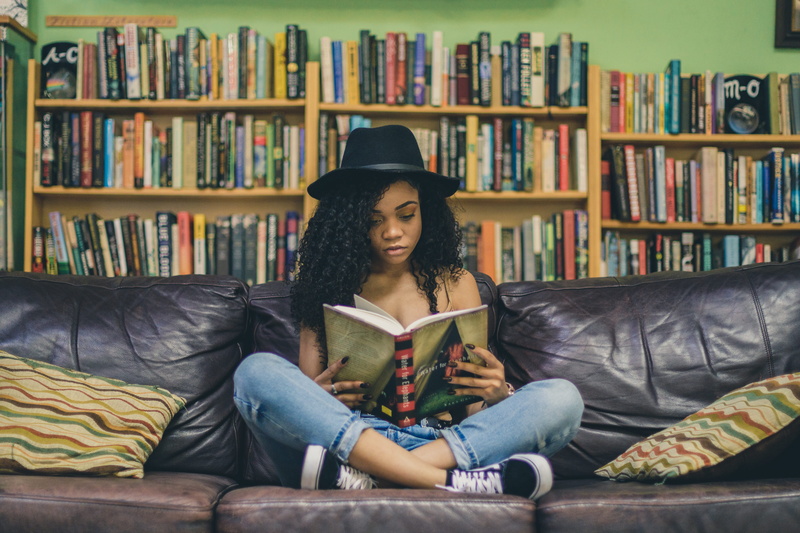 publication, young adult, bookstore, style, one person, book shop, beautiful woman, 5K, shelf, untitled, sofa, front view, book, lifestyles, trainers