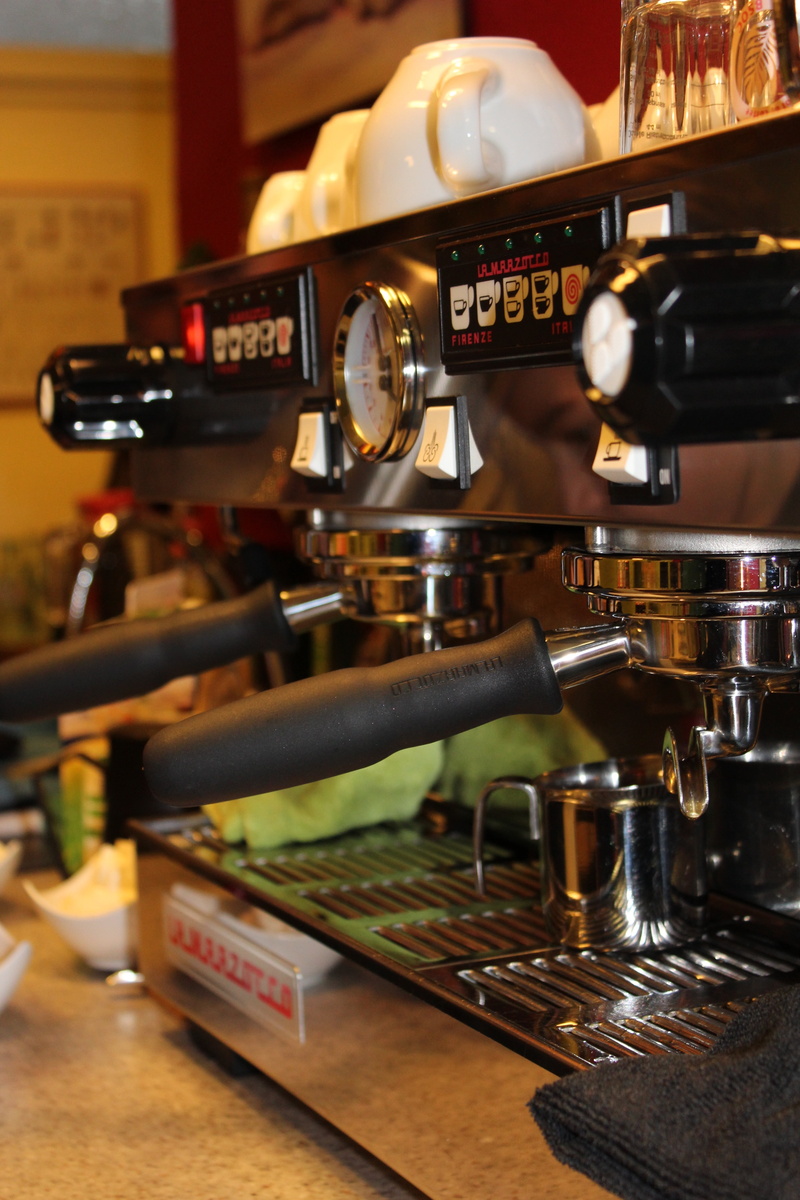 indoors, refreshment, business, metal, coffee shop, barista, bar counter, espresso, cup, drink, machinery, no people, mug, coffee - drink, restaurant, espresso maker