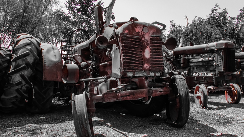 stationary, abandoned, outdoors, machinery, land, destroyed, old, transportation, run-down, tree, mode of transportation, tractor, decay, street, 4K, land vehicle