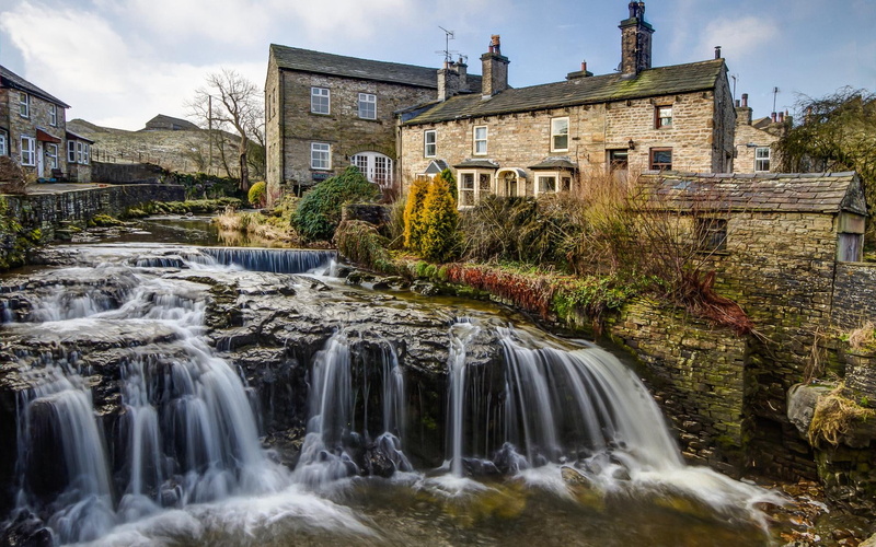 nature and landscapes, river, cascading, waterfall, rocks, houses, hdr, painting, 1080P, small, town, lovely