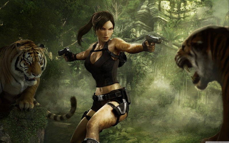 Adventure, hunting, fantasy, Action, art, girl, tomb, CG, video, 2K, tiger, Gun, games, hd, raider