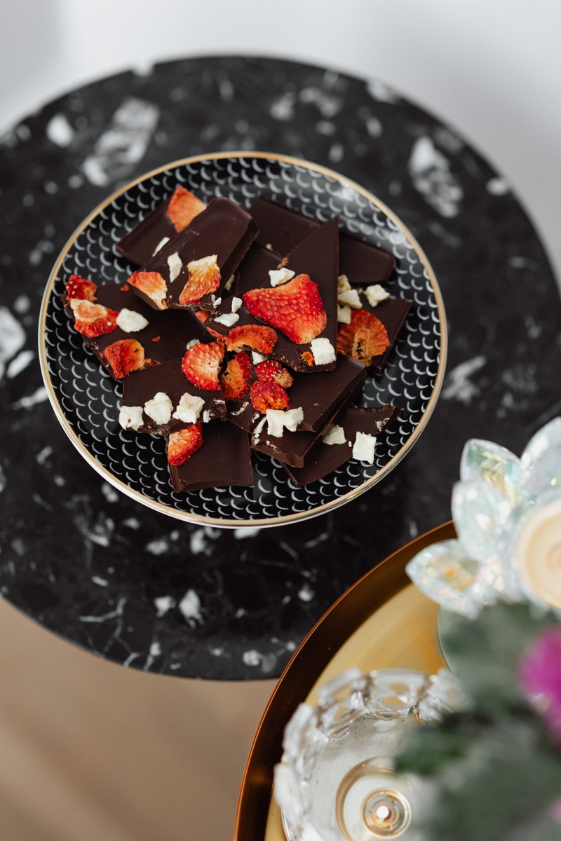 food and drink, indoors, indulgence, sweet, unhealthy eating, chocolate cake, freshness, chocolate, fruit, high angle view, temptation, milk chocolate