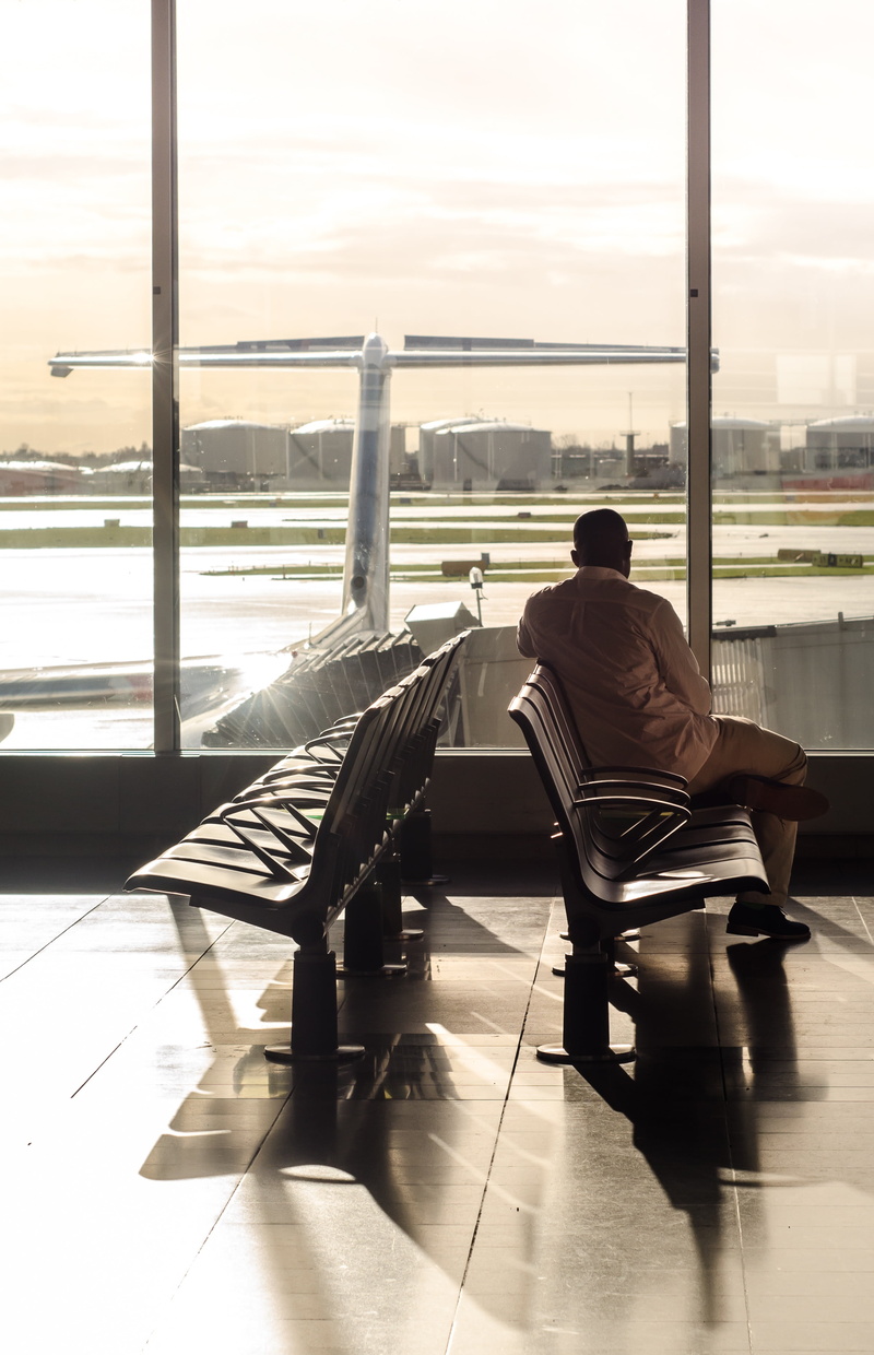 airplane, gate, dress, waiting, window, rear view, airport, transport, luggage, relaxation, indoors, person, check-in, passenger, people Traveling, trip