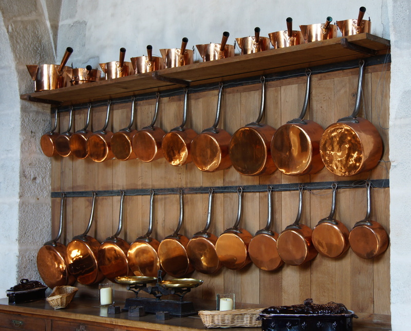 no people, large group of objects, kitchen, brass, still life, cooking tools, hanging, rack, day, pans, order, pots, container, architecture, arrangement