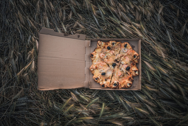still life, close-up, no people, hay, pizza, food and drink, day, freshness, high angle view, container, food, flora, directly above, plant, dish, land