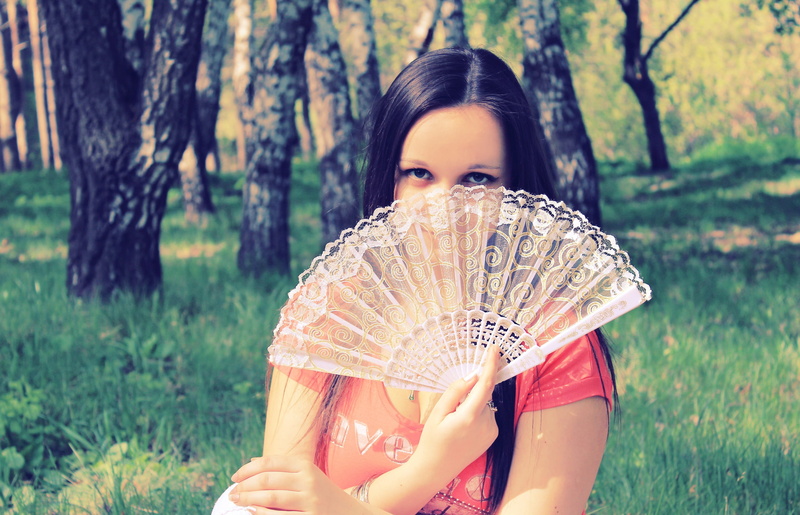 Girl, hand Fan, women, smiling, person, front view, happiness, females, headshot, standing, nature, Eyes, forest, young Adult, lady, land, elegance, looking at camera