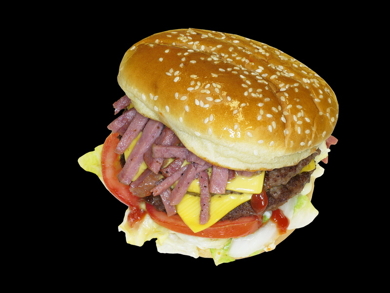 indoors, bun, ready-to-eat, close-up, fastfood, unhealthy eating, no people, vegetable, bread, snack, still life, food, black background, cheese, meat