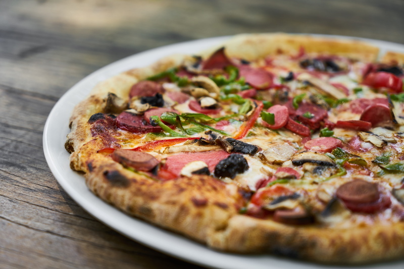 olive, tomato, fast food, pizza, cheese, 5K, fast food restaurant, herb, meat, fruit, unhealthy eating, crust, tasty, dairy product, plate, dinner, wood - material