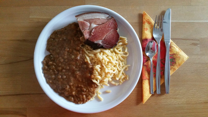 lenses with spaetzle and smoked meat, kitchen utensil, spoon, wellbeing, fork, breakfast, plate, meal, bowl, original, swabian, delicious food, directly above