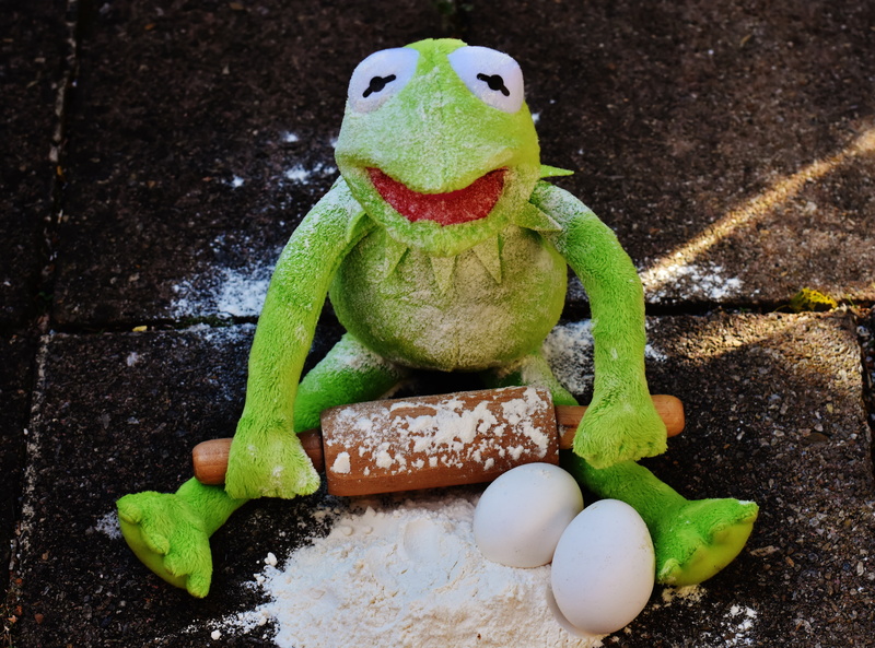 creativity, bake, toy, still life, green color, high angle view, preparation, food and drink, egg, rolling pin, ingredients, frog, roll out, prepare, no people