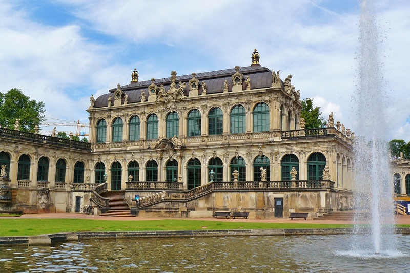 travel, spraying, sky, palace, cloud - sky, architecture, the past, saxony, water, 2K, historically, beige, outdoors, day, fountain, kennel, travel destinations