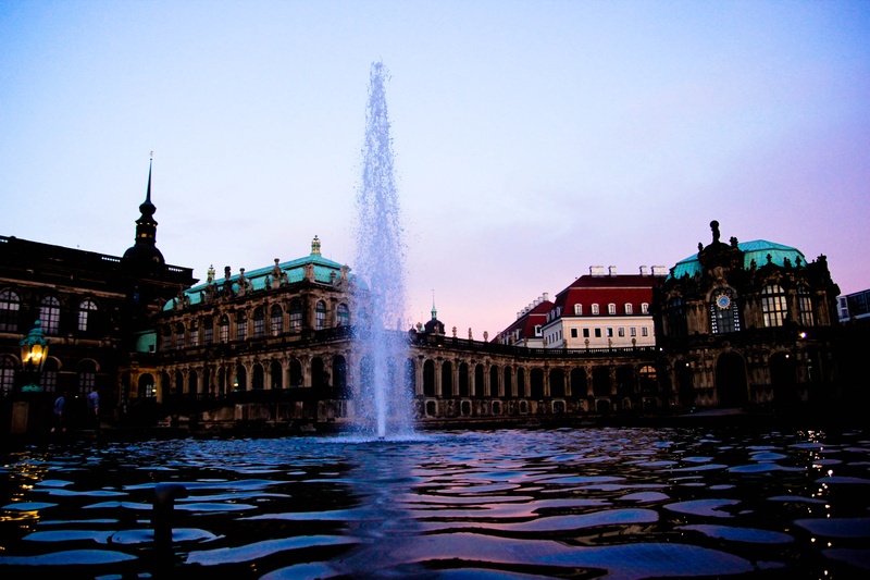 fountain, water jet, the past, tourism, sunset, history, outdoors, water, travel destinations, spire, flowing water, dresden, nature, sky, kennel pond
