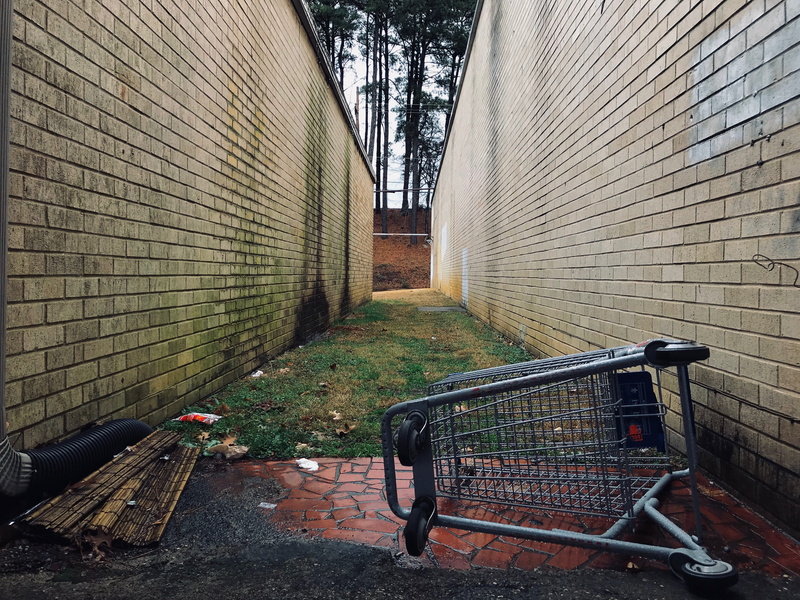 absence, abandoned, boundary, yard, brick, no people, cart, 4K, dark, alleyway, built structure, path, fence, soil, kennel, trolley, alley, gray, building exterior