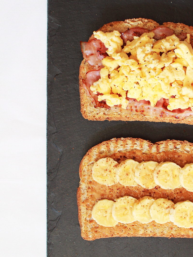 ready-to-eat, cornbread, healthy eating, toast, egg, high angle view, studio shot, still life, wellbeing, breakfast, directly above, bacon, surface, eggs