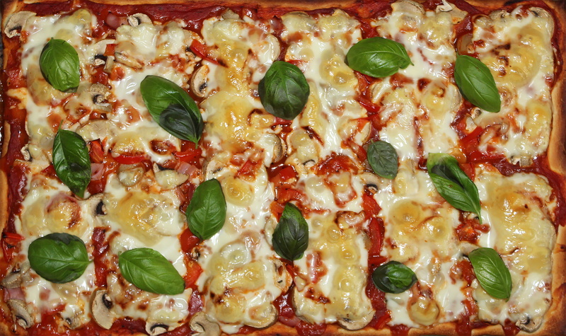 dairy product, bake pizza, healthy eating, cheese, full frame, temptation, close-up, 4K, food and drink, ready-to-eat, basil, eat, herb, food, baked, delicious
