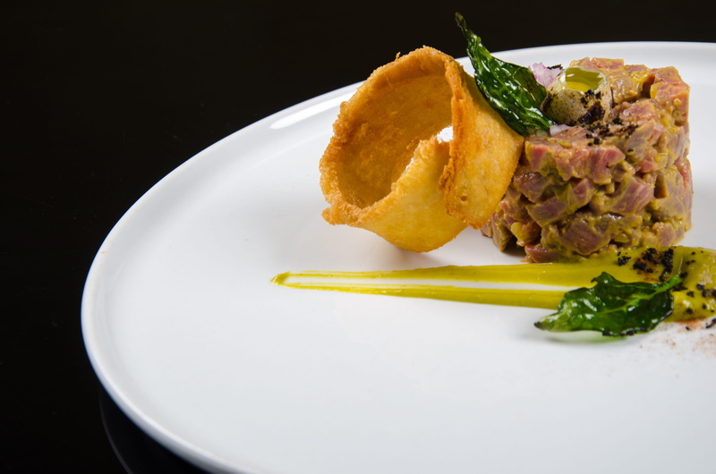 kitchen, meat, herb, 4K, wellbeing, dish, gourmet food, tuna, delicious, culinary art, meal, healthy eating, no people, black background, vegetable, high angle view