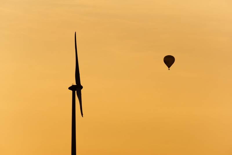 silhouette, atmospheric, view, environmental conservation, mood, nature, balloon, renewable energy, dusk, mid-air, orange color, 5K, hot air balloon, turbine