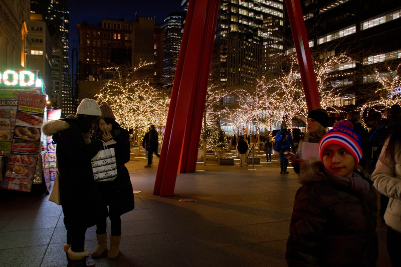 men, nyc, night, tree, christmas, illuminated, women, people, lifestyles, warm clothing, tourists, hotdog, incidental people, lights, light, architecture