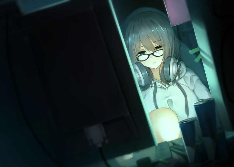headsets, brunette, original characters, Red Bull, anime, anime girls, sitting, glasses, 2K