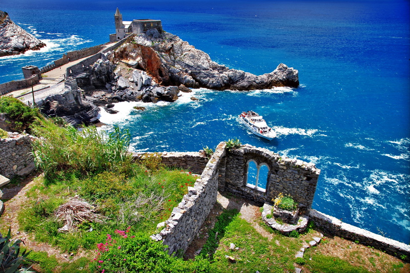 outdoors, solid, high angle view, nature, Cinque Terre, rock, blue, Cape, day, Church, 4K, Portovenere, white, Italy, architecture, ruined, scenics - nature