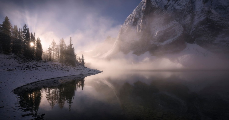 Canada, tree, reflection, sun, non-urban scene, winter, 720P, mountains, national park, sunrise, landscape, forest, cloud - sky, snow, waterfront, scenics - nature