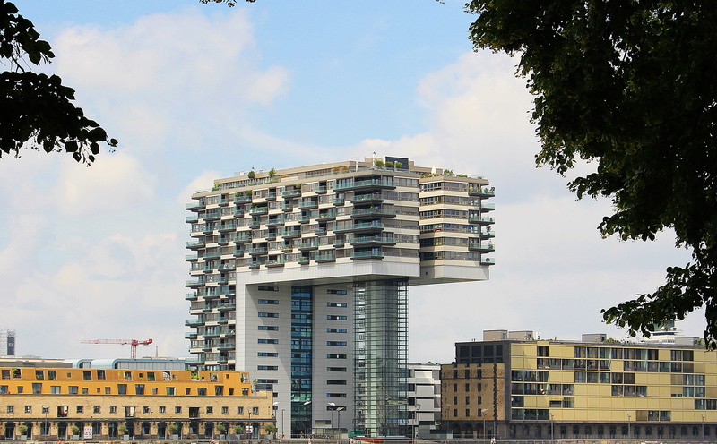 sky, cologne, germany, trees, building, nature, office building exterior, daytime, crane house, kranhaus nord, rhine river, 4K, low angle view, concrete