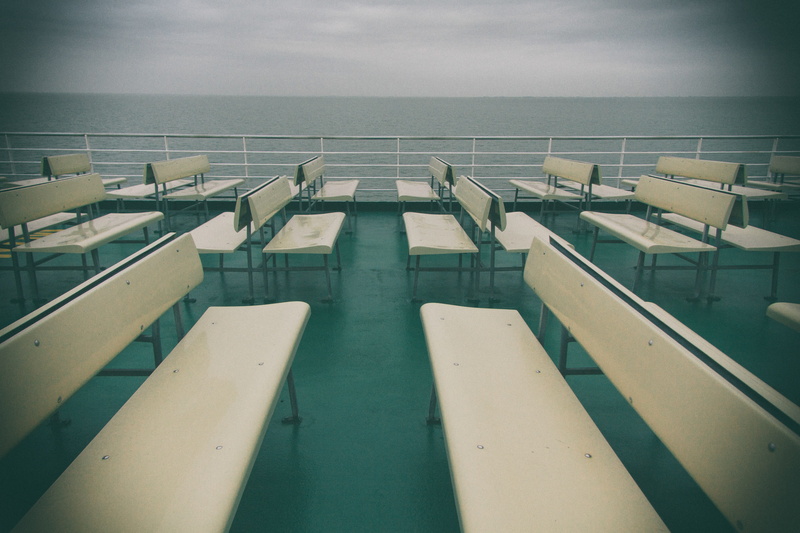 empty, nature, green, deck, nord, no people, boat, drops, absence, architecture, seat, outdoors, ship, s, horizont, sky, in a row, cold, side by side, shadow