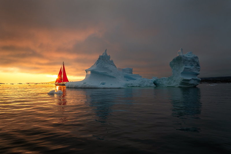1080P, scarlet sails, sea, iceberg, Greenland, yacht, sunset