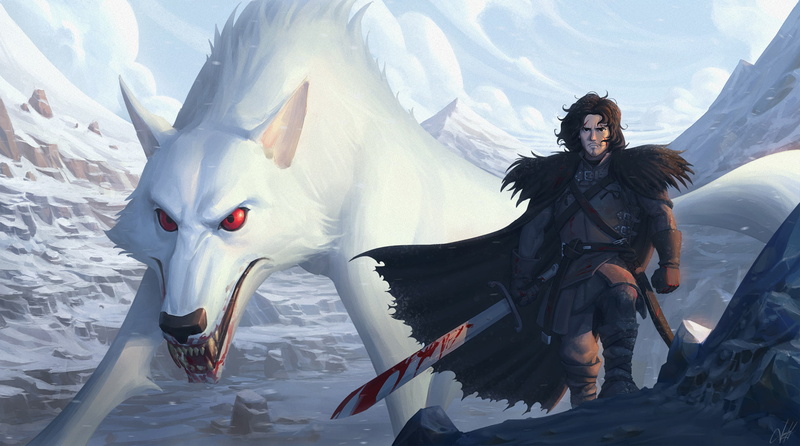 Ghost, Game of Thrones, jon snow, sword, 1080P, art, blood, wolf, a song of ice and fire