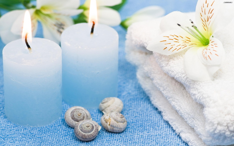 lily, relax, 3d and abstract, ice blue, blue, 2K, candles, ice, towels, white shells